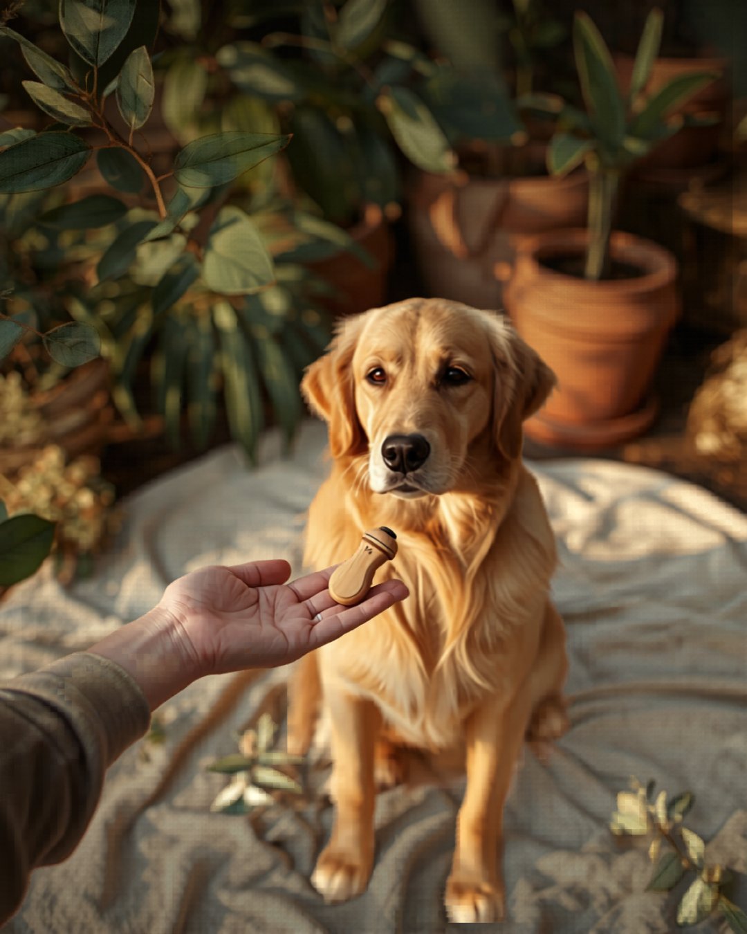 Person training a golden retriever in a garden