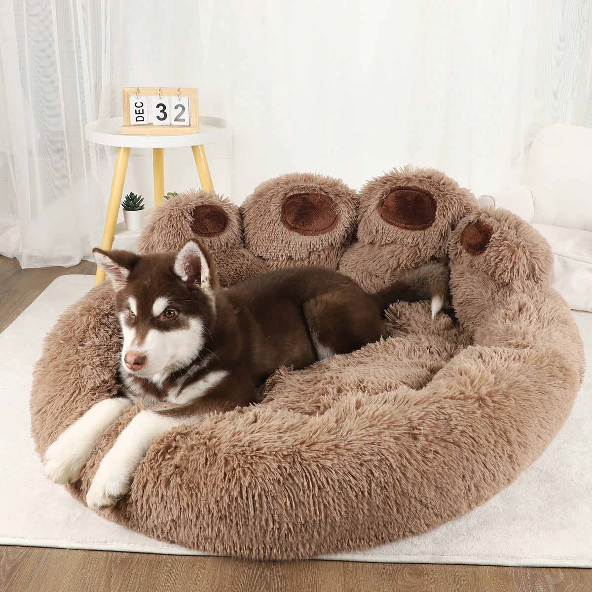 Plush Sofa Dog Bed in soft fabric, suitable for puppies through large dogs