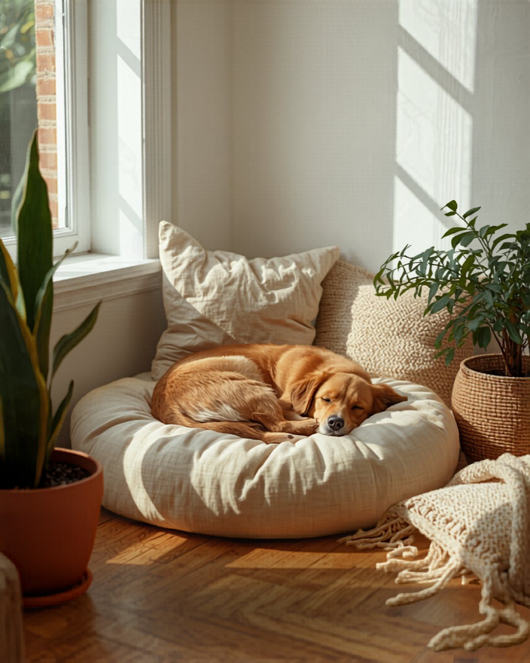 Golden-brown dog resting in a cozy corner