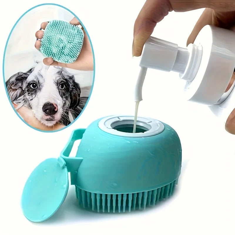Silicone Pet Grooming Brush with Built-In Shampoo Dispenser for stress-free bath time